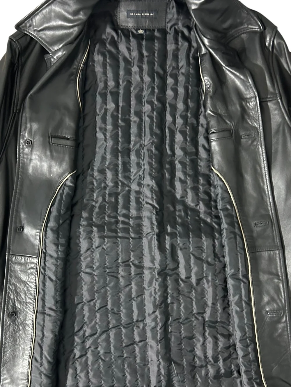 BANANA REPUBLIC Mens (L) Vintage Black 100% Leather Trench Coat Mid-Length Lined